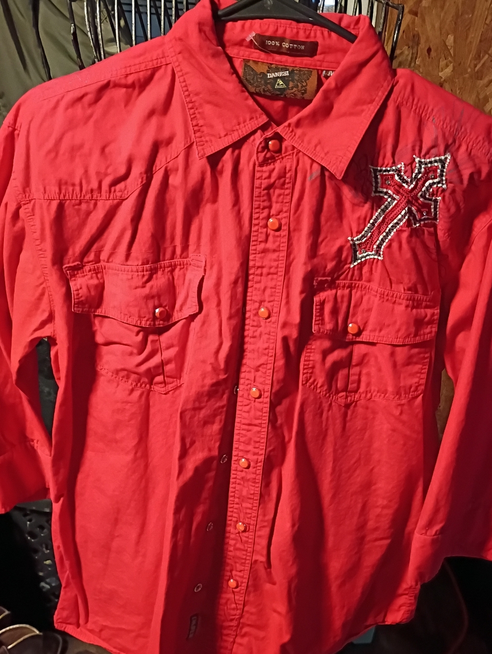 Danier Red Men's Button-Down Shirt with Embroidered Cross Detail